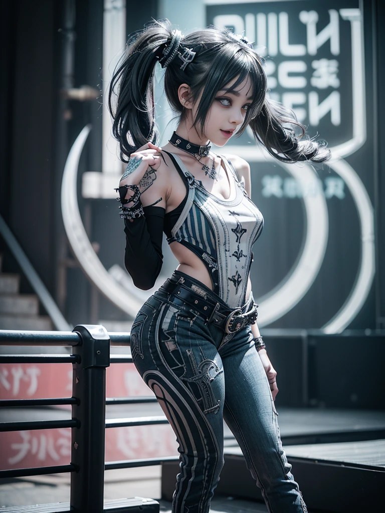 (Full Body View:1.2)、(Side view:1.1)、(Smiling with teeth showing:1.3),(Shibuya Gal:1.5)、(Gothic Lolita style fashion:1.5)、(Punk RockVisual Kei:1.5)、(Wearing a rhythmic gymnastics bodysuit with intricate details:1.4)、(Racing suit and pants with intricate white, denim and turquoise decorations:1.5)、(Denim with turquoise and white boots:1.3)、((belt))、(Numerous delicate logo marks all over the costume:1.4)、(collar:1.3)、(Striped underwear:1.5)、20-year-old、NSFW、((highest quality、In 8K、masterpiece:1.3))、Sharp focus:1.2、(Layered Cut、Huge boobs:1.1),Beautiful woman with perfect figure:1.4、(Doing an aerobics pose:1.3)、Slender Abs:1.2、Highly detailed face and skin texture、Detailed eyes、double eyelid,(Twin tails:1.3)、(Dark silver hair:1.3)、Gravure idol、(The background is the stage of the fashion show:1.3)、(Slim body:1.3),(Make your legs thinner:1.4),(clavicle:1.1)、(Thin thighs:1.2)