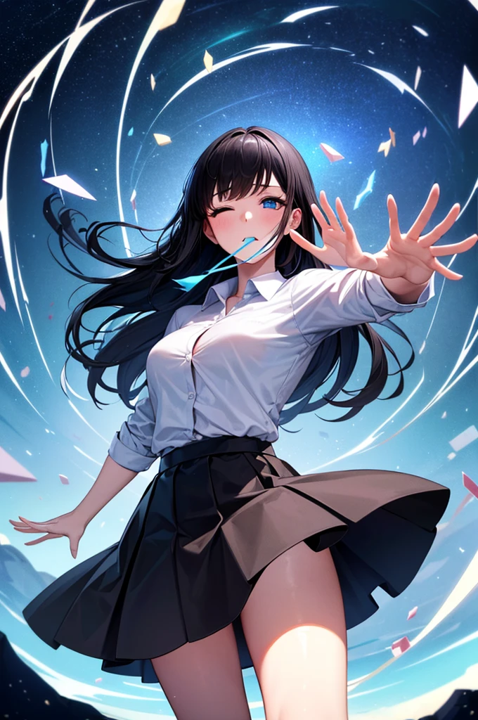 (highest quality, masterpiece),(One girl, ,expression, blue eyes, View Viewer, Black Hair, Mouth closed, Dress shirt, Black Skirt, Waving to the audience), (Reduce Blue Light, Blue glass shards swirling behind, Floating objects, Night Sky)