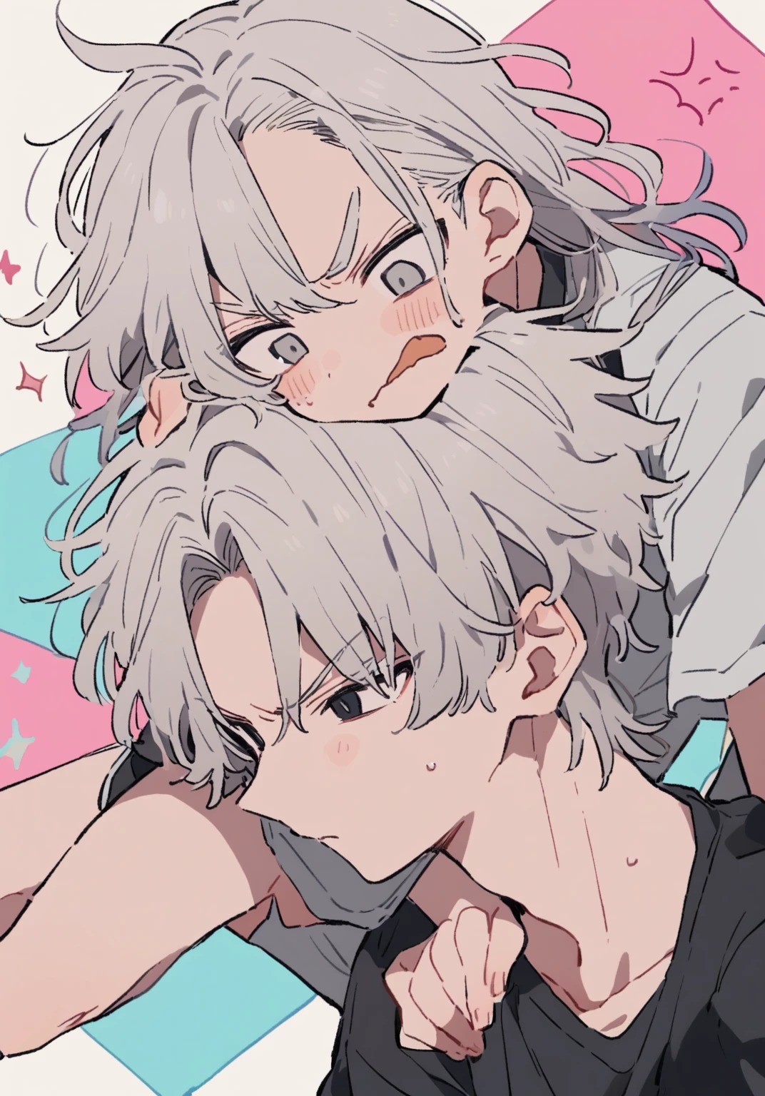 tegaki chibi 2boys pastel colors gradient flat chest yaoi gay boys love rose blonde silver hair gray eyes black eyes aesthetic angry