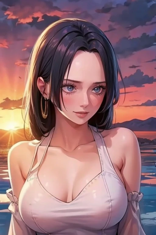 1girl, masterpiece, extremly detailed, (beautiful detailed glow), lens flare, white hair, short hair, floating hair, looking back, back behind, smile, blue eyes, white dress, medium , upper body, wide shot, straw hat, ((salar de uyuni)), sunrise, clouds, backlighting, purple sky, yellow sky, gradient sky, hands on hat