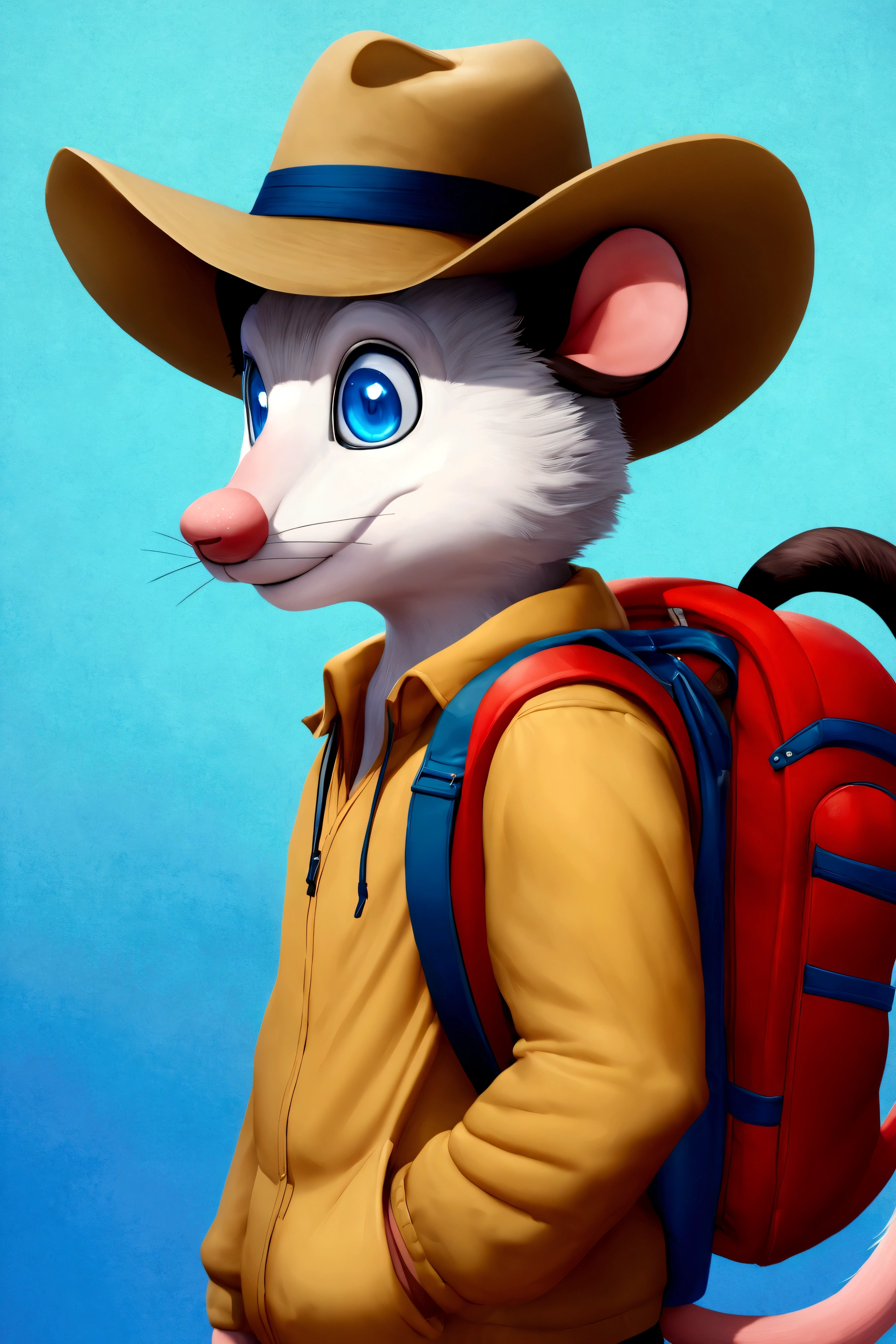 There is a cartoon mouse with a hat and a backpack, anthropomorphic time, anthropomorphic time, Rato Stanley, an anthropomorphic time, hyper-realistic adventure rendering, “portrait of a cartoon animal, inspired by François Quesnel, adorable digital painting, anthropomorphic gangster time, pintura digital de desenho animado, 3d anthropomorphic time, wearing pants, olhando pra frente
