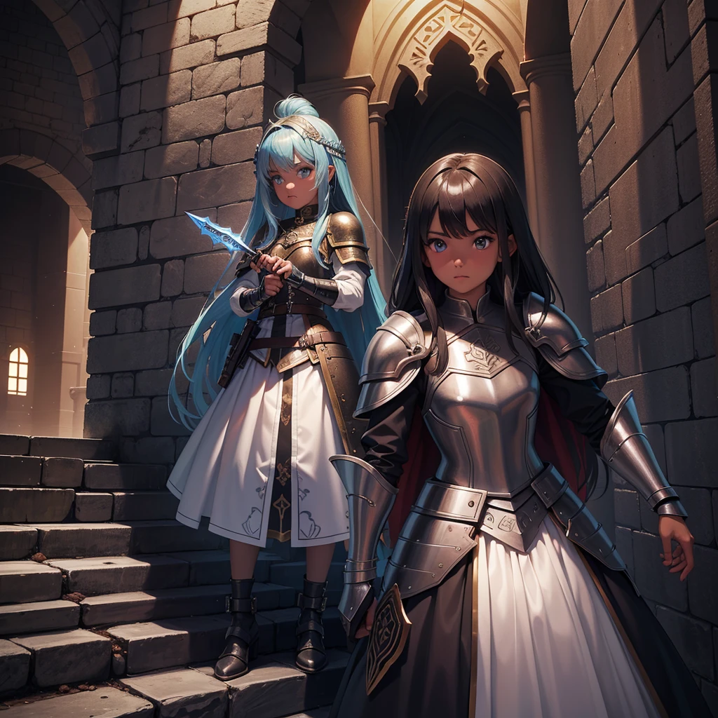 最high quality、high quality、Wearing leather armor10Year-old girl adventurer、Climb the labyrinth stairs、Long skirt、Equipped with a dagger and a shield、Inside the dim labyrinth