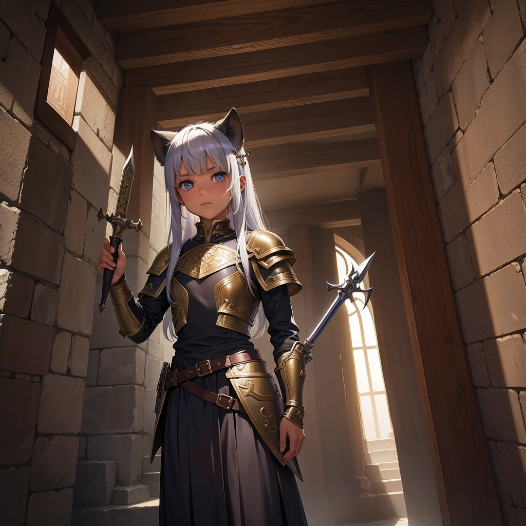 最high quality、high quality、Wearing leather armor10Year-old girl adventurer、Climb the labyrinth stairs、Long skirt、Equipped with a dagger and a shield、Inside the dim labyrinth