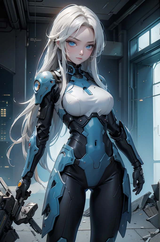 ((Cyberpunk women images))，Dynamic pose、(masterpiece:1.4, highest quality, Dutch Angle)(One Girl, alone)（Gray hair that changes with light、Smooth and straight hair、WHITE hair fluttering in the wind）、（beautiful, Glowing Skin、Cheek Gloss Highlighter、Sexy and very beautiful and adorable face、世界で最もbeautiful顔、big, Sparkling blue eyes）、（Cute 25 year old girl、Ample breasts、Tight waist、Delicate shoulders、Perfect figure）（Overall dark、A ruined futuristic city、The world at the end of the century、Traces of war、Burning building）(Futuristic combat suit、Battle Armor、Highly decorated combat uniform)
