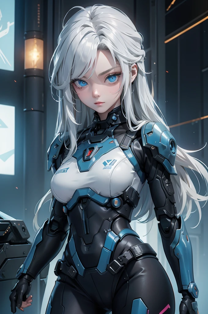 ((Cyberpunk women images))，Dynamic pose、(masterpiece:1.4, highest quality, Dutch Angle)(One Girl, alone)（Gray hair that changes with light、Smooth and straight hair、WHITE hair fluttering in the wind）、（beautiful, Glowing Skin、Cheek Gloss Highlighter、Sexy and very beautiful and adorable face、世界で最もbeautiful顔、big, Sparkling blue eyes）、（Cute 25 year old girl、Ample breasts、Tight waist、Delicate shoulders、Perfect figure）（Overall dark、A ruined futuristic city、The world at the end of the century、Traces of war、Burning building）(Futuristic combat suit、Battle Armor、Highly decorated combat uniform)
