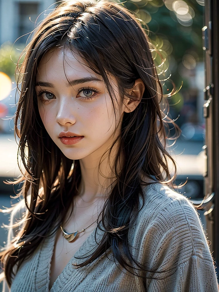 a beautiful young russian woman with long gray hair , Fashionable clothes, dazzling morning sun, best quality, 4k, 8k, highres, masterpiece:1.2, ultra-detailed, realistic, photorealistic, photo-realistic:1.37, HDR, UHD, studio lighting, ultra-fine painting, sharp focus, physically-based rendering, professional, vivid colors, bokeh, portrait
