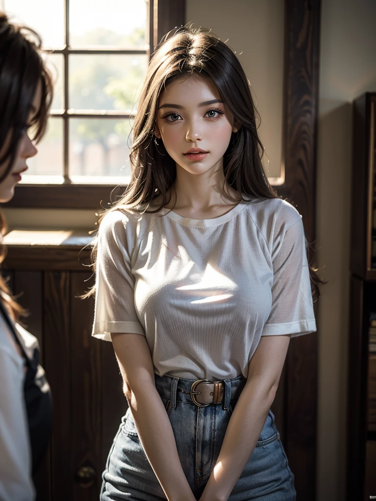 1girl, solo, long_hair, breasts, blue_eyes, large_breasts, shirt, black_hair, hair_ornament, jewelry, closed_mouth, upper_body, ponytail, short_sleeves, belt, pants, black_shirt, window, denim, curtains, jeans, shirt_tucked_in, yellow_belt