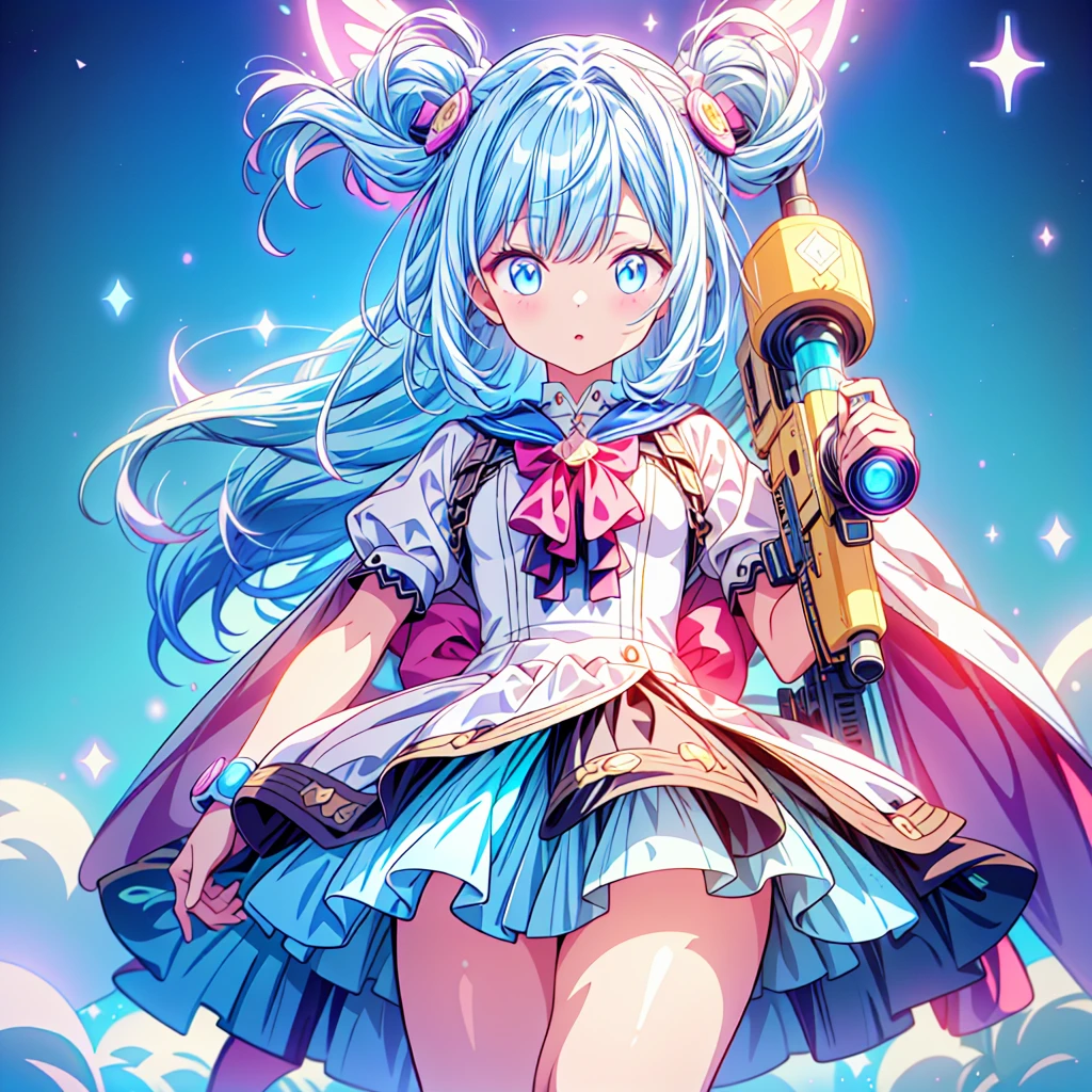 1girl、[17277fbe68],kawaii tech、High quality、Maximum detail、(((highest quality、Masterpiece、Official Art、The best dynamic composition)))、(Fine hair)、(Tabletop, highest quality), Super detailed, Anime Style, whole body, Cyberpunk Girl, Gripping a high-tech rifle, Milky white and light blue hair, Glowing blue eyes, Wearing a magical girl costume , 8K High Resolution, Trend Art Station, White Background, Standing in the Wilderness, whole body,