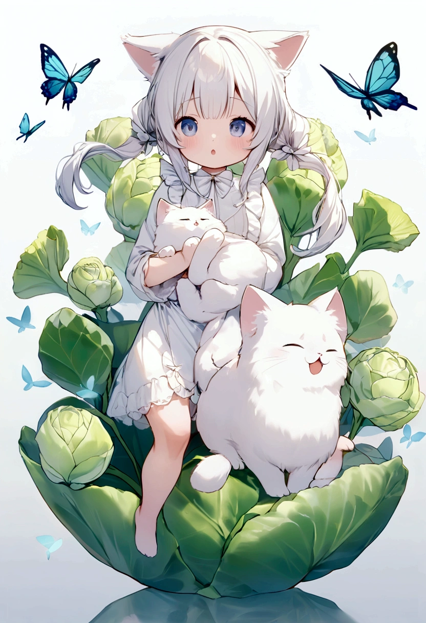 Sharp focus,8k, super high quality,Ultra-high resolution, Crystal Clear, Full body view of super adorable charming fluffy cat、Three-haired cat、Lift the left front leg、Two cabbage white butterflies are flying、The background is a flower field、