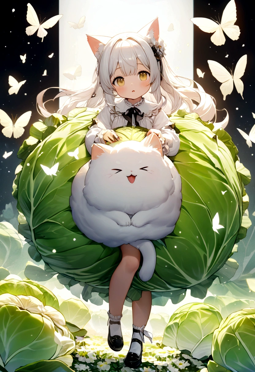 Sharp focus,8k, super high quality,Ultra-high resolution, Crystal Clear, Full body view of super adorable charming fluffy cat、Three-haired cat、Lift the left front leg、Two cabbage white butterflies are flying、The background is a flower field、