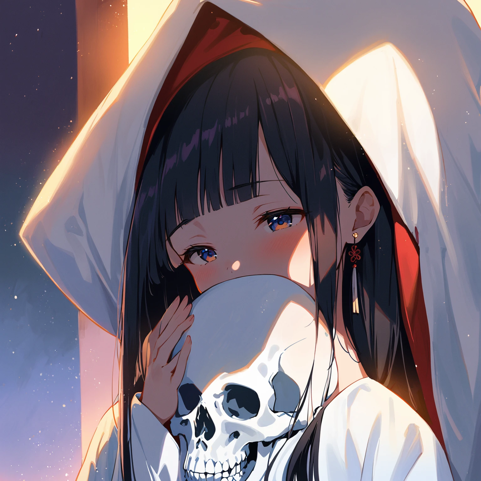1girl、Black hair, long hair、white kimono,wedding,wataboushi,uchikake,standing,white hood,、shiromuku、 skull, cheeks to skull, evening,faint light、deep shadows、