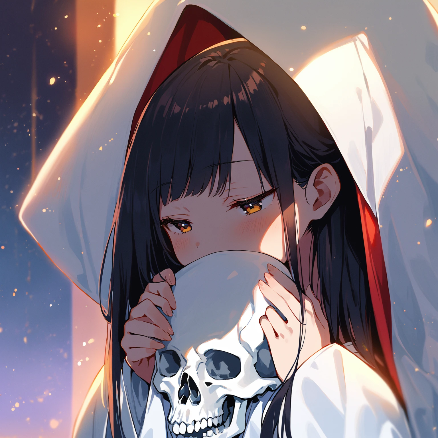 1girl、Black hair, long hair、white kimono,wedding,wataboushi,uchikake,standing,white hood,、shiromuku、 skull, cheeks to skull, evening,faint light、deep shadows、