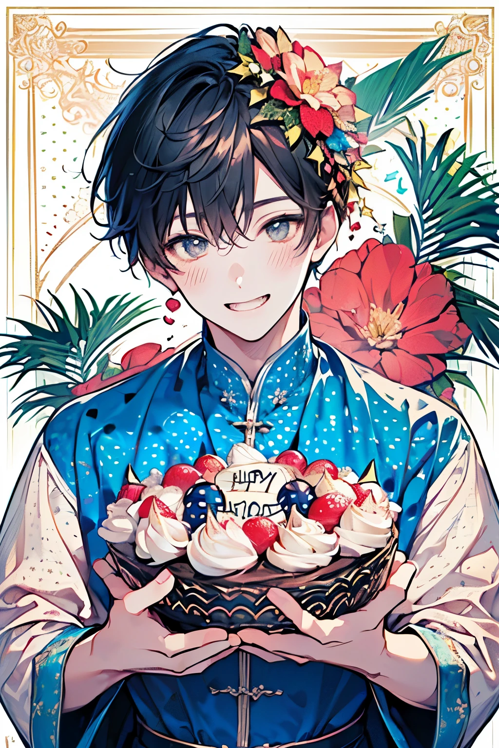 (Happybirthday),((🎂)),((Large group birthday celebration:1.3)),((Handsome Paradise:1.3)),((A festive and lively background:1.2)),(Pop and cute polka dots:1.45)),((You are the main character!:1.2)),((beautiful image:1.15)),((high quality:1.15)),((perfect graphic:1.15)),(((men's,boy:1.2))),A big smile,(blush、Shy laugh:1.25)