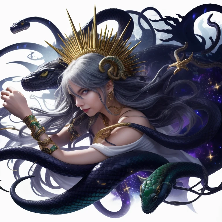 (masterpiece),(best quality:1.0), (ultra highres:1.0), Dark as darkness background、Background inside the cave、The background is very dark、detailed,Woman and snakes、Upper Body、Her lower body is hidden in the darkness.、profile、Cool smile、A woman with bare shoulders wearing a white cloth、Ferocious serpent、Real wet scale texture、The surface of the wet scales shines dully.、Menacing serpent、Facing left、Emerald green eyes、Gold Hair Ornament、Gold bracelet、Holding your right hand forward、He has long gold needles on the middle and ring fingers of his right hand.、Some snakes can see into space、Gray purple hair、Medium Hair、A woman, a snake coming out of the darkness、Starry Universe、A white and grey mist surrounds the area