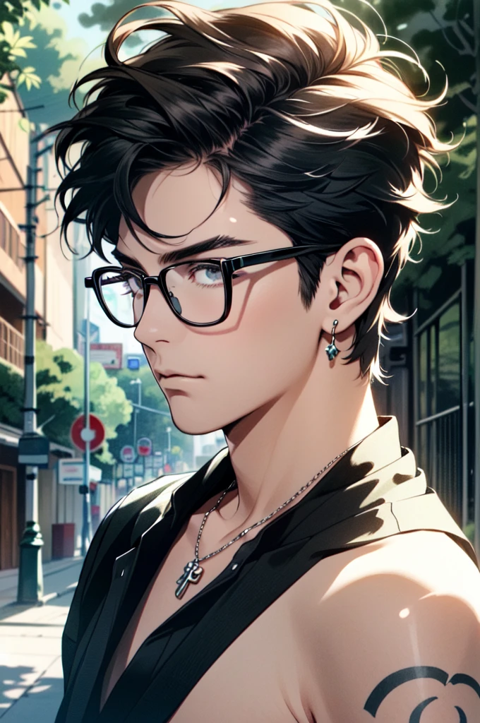 ((ultra detailed, masterpiece, absurdres)) 1boy, solo, black hair, tattoo, necklace, black beard stubble, glasses,