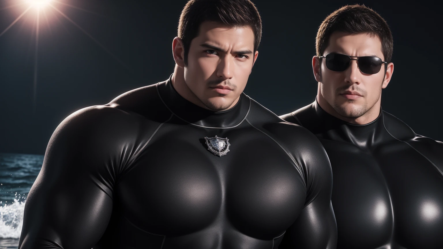 Super muscular man hugging, They wear sunglasses,Deep gaze kiss,They embrace affectionately,short hair,Beach under the scorching sun, Wear a dark grey high collared long sleeve tight wetsuit, Shark skin texture,Beach by the sea,beautiful landscape,The expression is arrogant, Thick thighs, messy hair, Thick thighs, Wear a high-necked, long-sleeved wetsuit, very tight, Regular symmetrical pattern, Highlight muscles, Police uniform pants, character concept(Resident Evil - chris redfield, chris redfield)A proud expression, Deep and charming eyes, Valiant male pose, tall Burly, muscular!muscular thighs, Tough Guy, Perfect facial features, High, Burly, Heqiang, Super exquisite and cool, High Resolution Committee, Attractive, The sun is blazing, Dazzling
