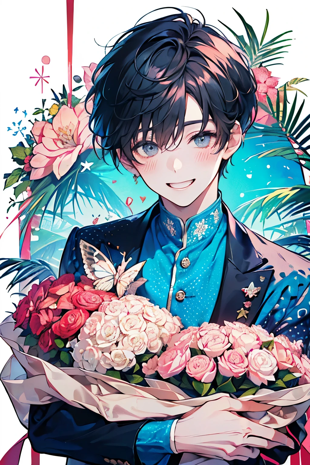 (Happybirthday),((🎂)),((Large group birthday celebration:1.3)),((Handsome Paradise:1.3)),((A festive and lively background:1.2)),(Pop and cute polka dots:1.45)),((You are the main character!:1.2)),((beautiful image:1.15)),((high quality:1.15)),((perfect graphic:1.15)),(((men's,boy:1.2))),A big smile,(blush、Shy laugh:1.25)