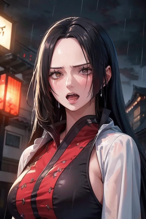 1 japanese girl, WARFRAME, intricate pattern, heavy metal, energy lines, faceless, glowing eyes, elegant, intense, blood red and black uniform, solo, modern, city, streets, dark clouds, thunderstorm, heavy rain,, dramatic lighting,, (masterpiece:1.2), best quality, high resolution, beautiful detailed, extremely detailed, perfect lighting,