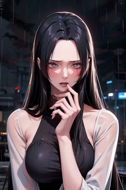 1 japanese girl, WARFRAME, intricate pattern, heavy metal, energy lines, faceless, glowing eyes, elegant, intense, blood red and black uniform, solo, modern, city, streets, dark clouds, thunderstorm, heavy rain,, dramatic lighting,, (masterpiece:1.2), best quality, high resolution,   beautiful detailed, extremely detailed, perfect lighting,
