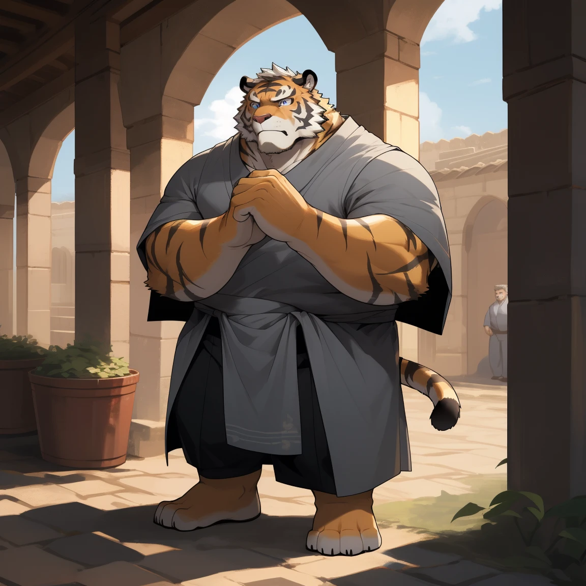 masterpiece, best quality, 8k resolution, Very detailed, hairy,tiger,((White short hair)),Strong body,((Fifty years old)),((Middle-aged and elderly)),(((Blue eyes))),For the audience,portrait,(Highest quality scene),(((Gray cloth))),((Solitary)),Black trousers,whole body,((Touching his chin and thinking)),(Mature),(((Country courtyard))),((yellow fur)),Standing,((farmer)),(((Sunny))),(((August))),(((Serious))),(((Domineering))),(((frown))),(((angry)))