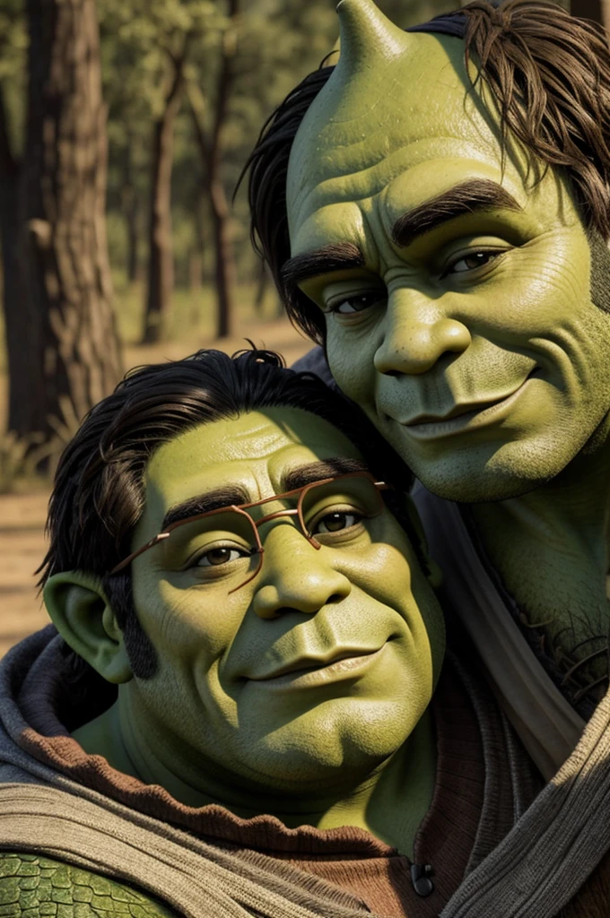 Un humano de pelo corto y alto con lentes llamada marcos le esta dando un beso a shrek en su pantano
