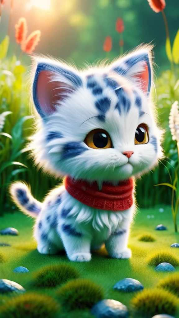 ral-fluff,chibi,masterpiece,best quality,original,official art,1cat,red scarf,grass,blurred background,cartoon rendering,beautiful detailed glow,(detailed ice),beautiful detailed water,and I want the Disney Pixar style in a white background painted by watercolor 3DAnimationStyle,