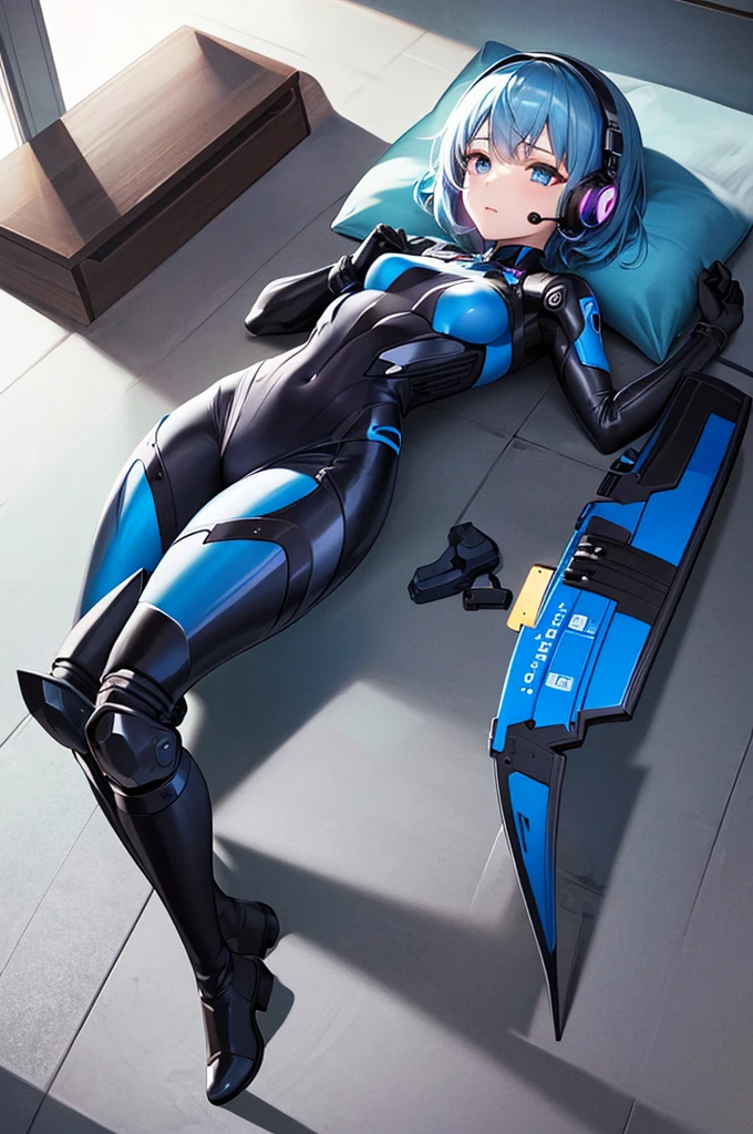 (masterpiece, highest quality, Highest Resolution, clear_image, Detailed explanation): (alone, Lonely Girl, The Face of Japan, Blue Hair Girl, short hair, Full body portrait, Small breasts, Sparkling blue eyes, Metallic white and blue pilot suit, Black, Tight fitting clothes, Clothing that covers the entire body, beauty, The body is slim, Exoskeleton, Knee Boots, heroine, Lying on your back, Open your thighs from side to side, Arm-length gloves, headset)