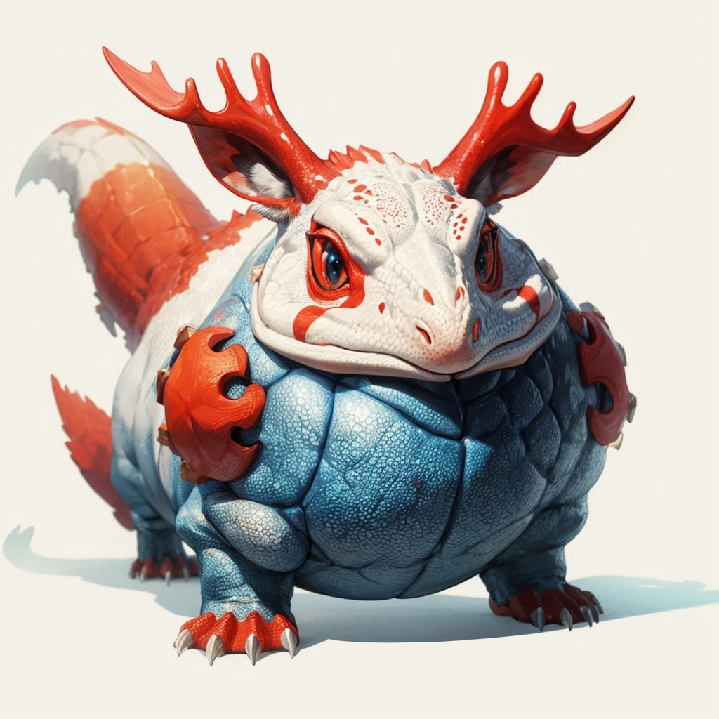 Animaly, reds and cream colour skins, has scales, his body is shaped like a Moose but his face is like a Chameleon and ball, silver colour skins, Grassroots background, (white background simpleks)