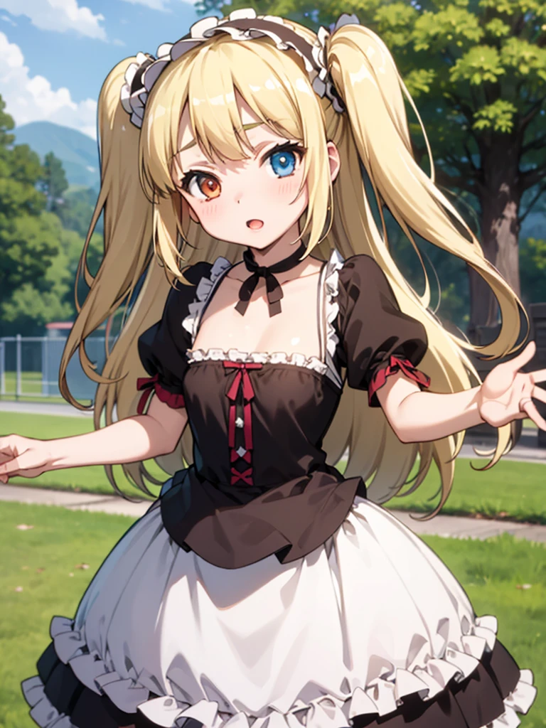 masterpiece, best quality, hasegawa kobato, flat chest, blonde hair, twintails, long hair, heterochromia, 10yo, (petite),
 dress, lolita hairband, lolita dress, (open clothes), (clothes lift), nipples show off, upper body,
 smile, :o, standing, park,