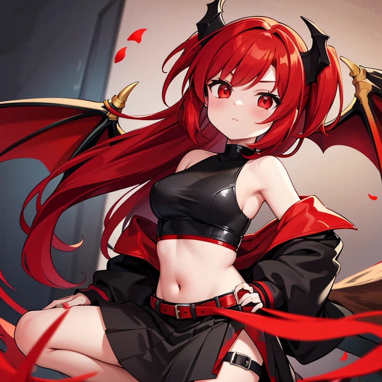 Red hair, 16 years old, 1 girl, red and black dragon wings, red and black tail, skirt, crop top, scales,
