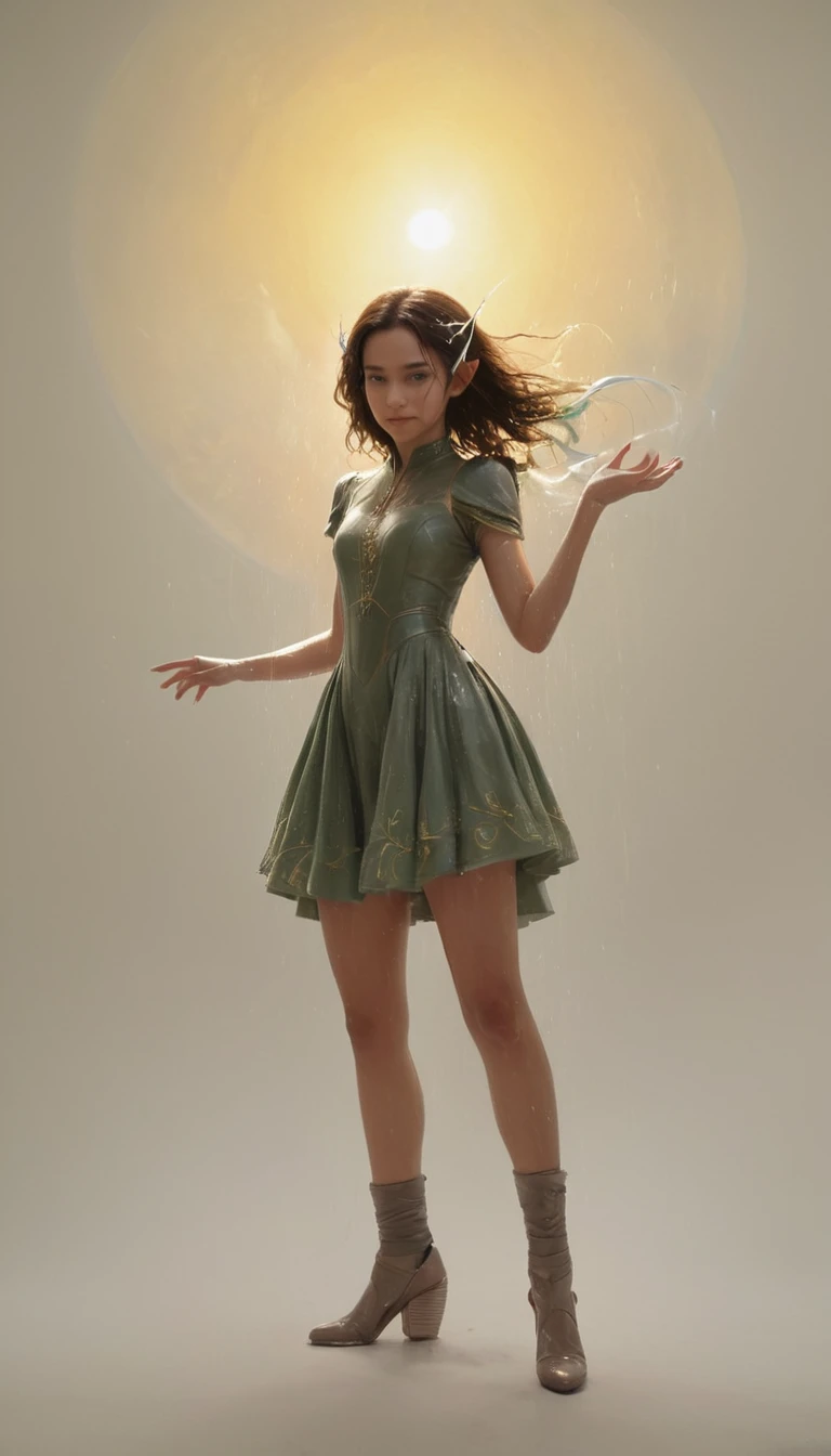 An illustrated movie poster, hand-drawn, full color, a teenage elven girl, wearing a cotton dress, light brown skin, sun-tanned olive complexion, Amazonian body, very tall, athletic, hourglass figure, curvy, generous hips, long legs, ridiculously thick powerful thighs, hazel eyes, long pointy elf ears, ash brown hair, short shaggy bob, posing in a sunny vineyard, wet glistening skin, hard shadows, graphite shading, stencil marks, airbrushed acrylic paint, masterpiece, in the style of Lord of the Rings 
