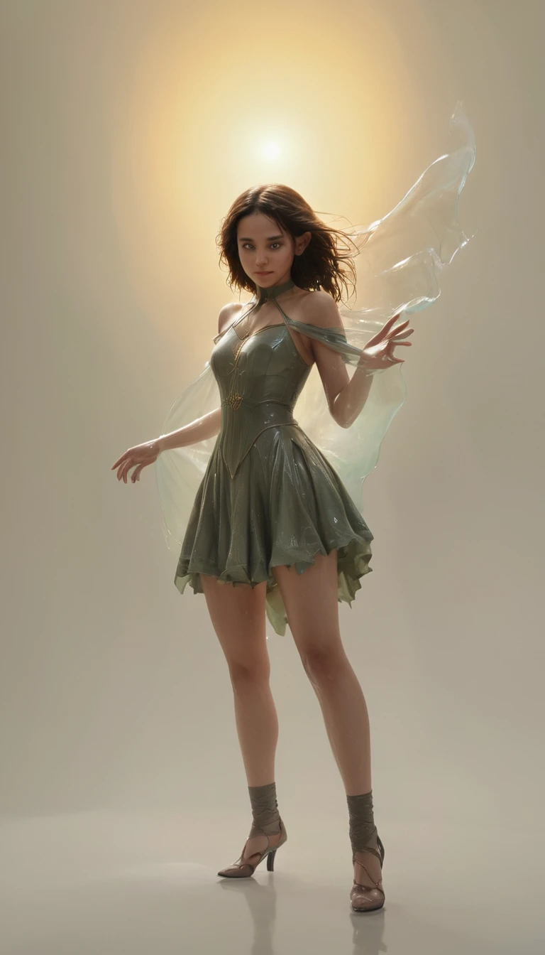 An illustrated movie poster, hand-drawn, full color, a age elven girl, wearing a cotton dress, light brown skin, sun-tanned olive complexion, Amazonian body, very tall, athletic, hourglass figure, curvy, generous hips, long legs, ridiculously thick powerful thighs, hazel eyes, long pointy elf ears, ash brown hair, short shaggy bob, posing in a sunny vineyard, wet glistening skin, hard shadows, graphite shading, stencil marks, airbrushed acrylic paint, masterpiece, in the style of Lord of the Rings