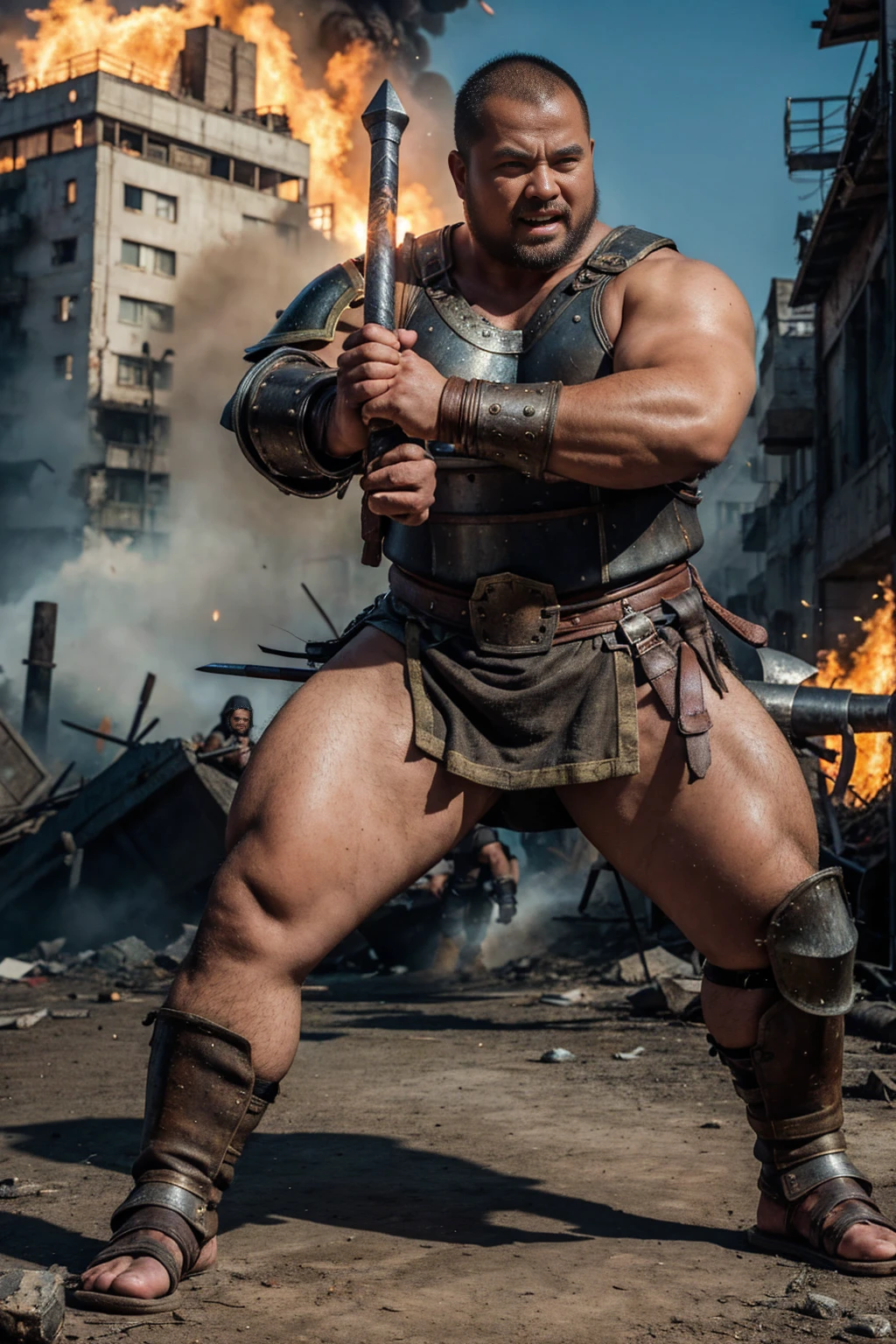 looking at us, Staring Intently, face focus, Bandit, Fat ferocious barbarian:2, This barbarian is a robust stocky Japanese, smirking, lets out a yell, mid combat, intense battle scene, leather and iron armor, armored short skirt, holding a Viking War Axes, legs exposed from thighs to feet, fierce warriors, ancient battlefields, epic showdown, battleground background, breathtaking action, masterpiece, volumetric lighting, Dramatic, Uighur the Warden, breathtaking action, dynamic poses, bald, ((ultra sharp)), ((masterpiece)), ((best quality)), ((ultra detailed)), ((intricate details)), Inguinal region detailed, Dilapidated, destroyed city after big air raids, fire, A desolate, post-apocalyptic cityscape, A brutal scene, casting an ominous shadow,