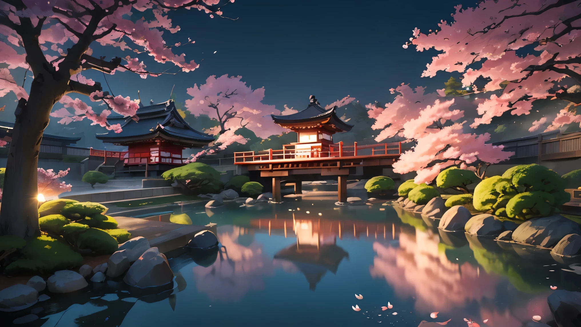 (Digital Painting),(highest quality), Tranquil Japanese Garden, Cherry tree in full bloom, Koi Pond, Pedestrian bridge, Pagoda, Ukiyo-e art style, Hokusai inspiration, Deviant art is popular, 8K Ultra Real, Pastel color scheme, Soft lighting, Golden Hour, Quiet atmosphere, Landscape
