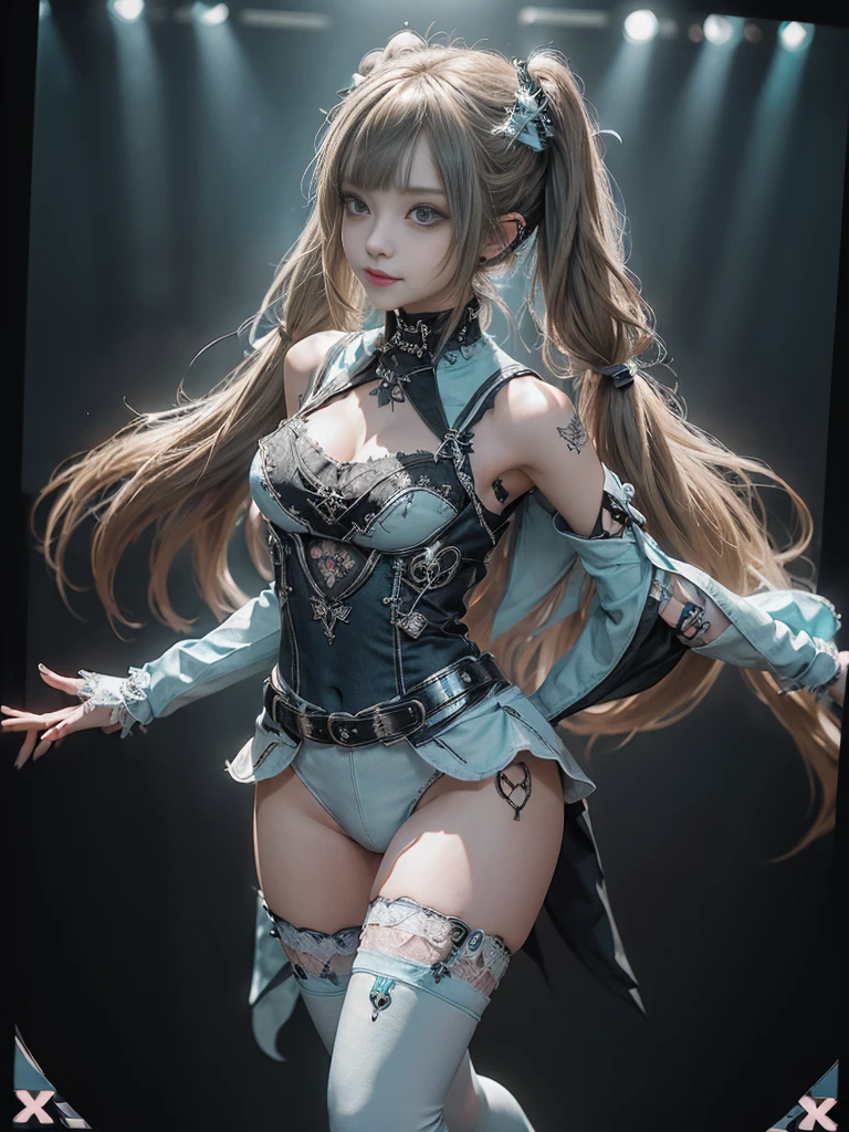 (Full Body View:1.4)、(Side view:1.1)、(Smiling with teeth showing:1.3),(Shibuya Gal:1.5)、(Gothic Lolita style fashion:1.5)、(Punk RockVisual Kei:1.5)、(Wearing a rhythmic gymnastics bodysuit with intricate details:1.4)、(Cloak de cour with delicate decorations in white, denim and turquoise:1.5)、(Denim with turquoise and white boots:1.3)、((belt))、(Numerous delicate logo marks all over the costume:1.4)、(collar:1.3)、(Striped underwear:1.5)、20-year-old、NSFW、((highest quality、In 8K、masterpiece:1.3))、Sharp focus:1.2、(Layered Cut、Huge boobs:1.1),Beautiful woman with perfect figure:1.4、(Sexy Gravure Pose:1.3)、Slender Abs:1.2、Highly detailed face and skin texture、Detailed eyes、double eyelid,(Twin tails:1.3)、(Brown-golden hair:1.3)、Gravure idol、(The background is the stage of the fashion show:1.3)、(Slim body:1.3),(Make your legs thinner:1.4),(clavicle:1.1)、(Thin thighs:1.2)