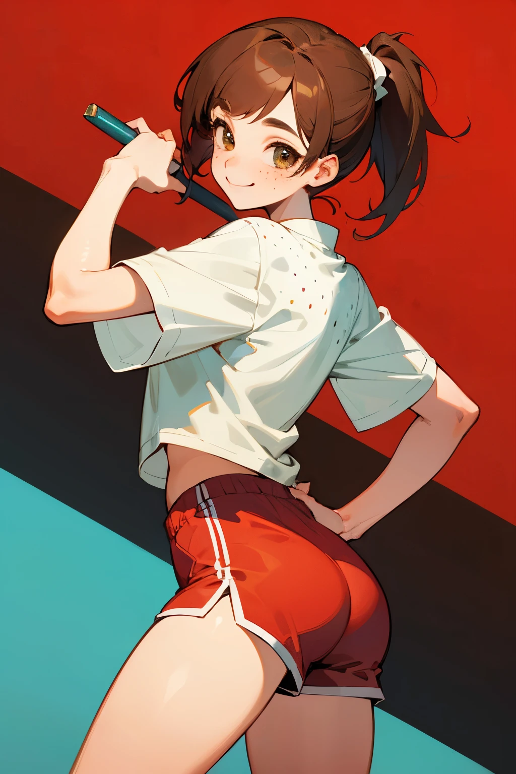 Girl, short brown hair (pony tail)Freckles, smile, big , red shorts