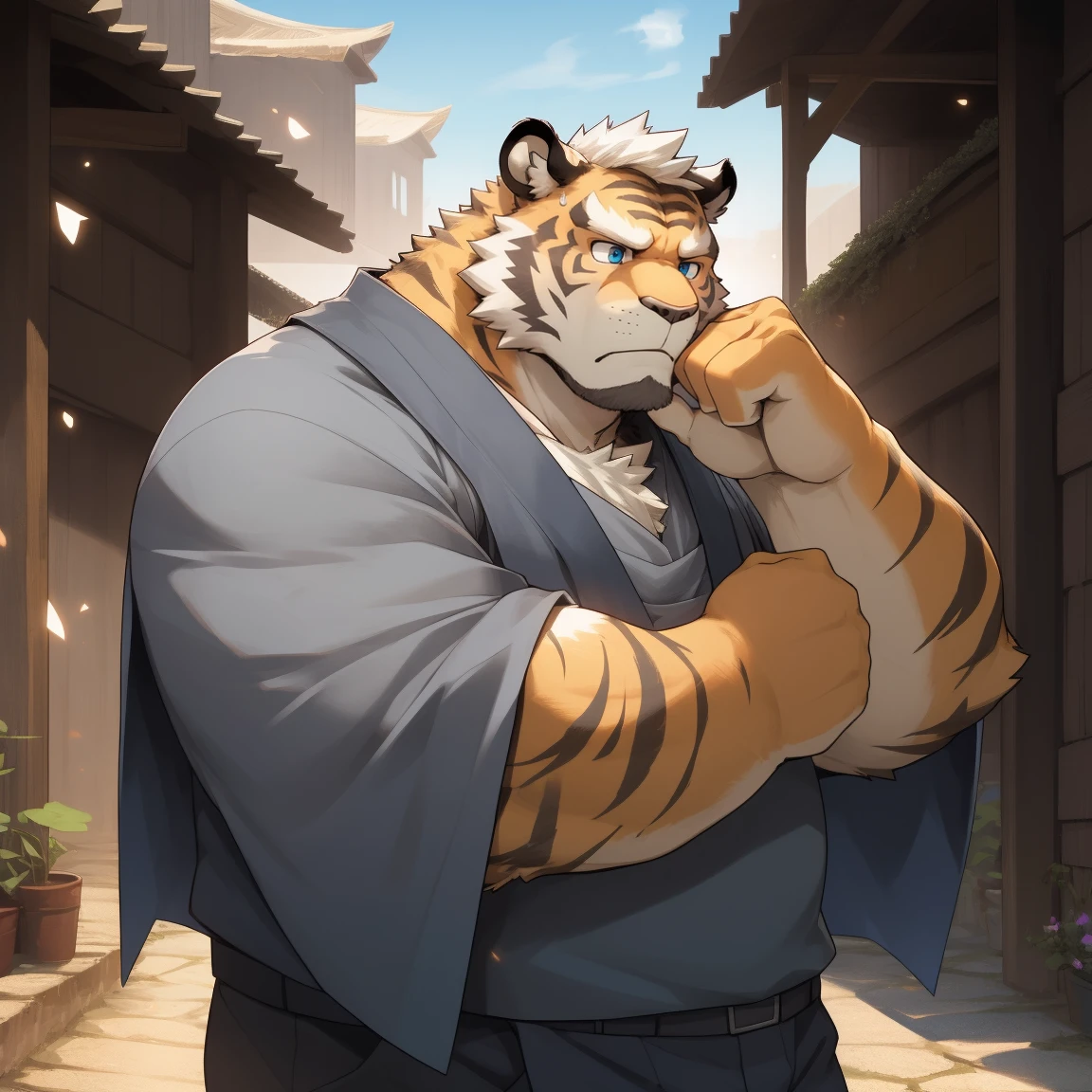 masterpiece, best quality, 8k resolution, Very detailed, hairy,tiger,((White short hair)),Strong body,((Fifty years old)),((Middle-aged and elderly)),(((Blue eyes))),For the audience,portrait,(Highest quality scene),(((Gray cloth))),((Solitary)),Black trousers,whole body,((Touching his chin and thinking)),(Mature),(((Country courtyard))),((yellow fur)),Standing,((farmer)),(((Sunny))),(((August))),(((Serious))),(((Domineering))),(((frown)))