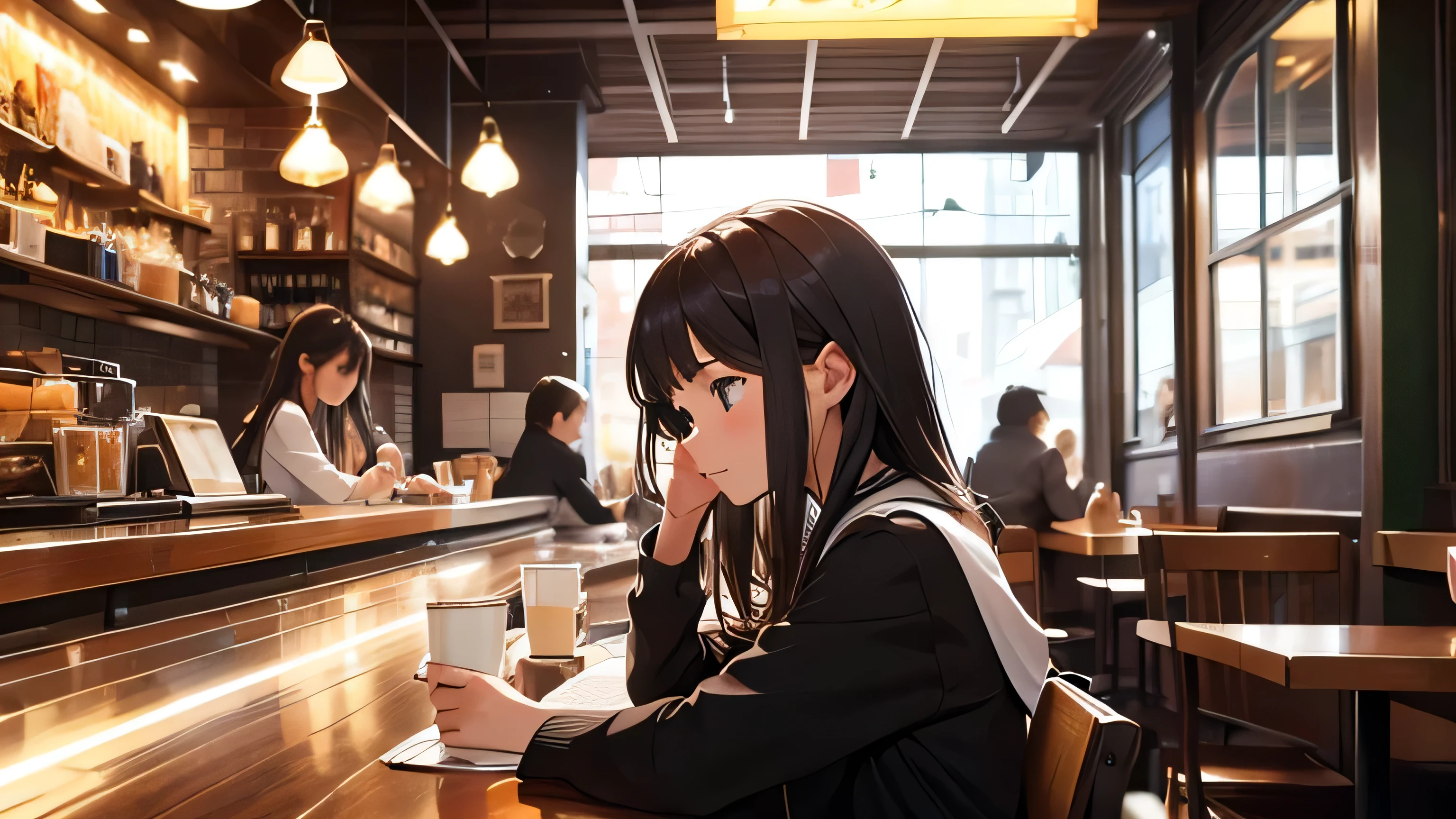 Girl studying in a cafe in the morning