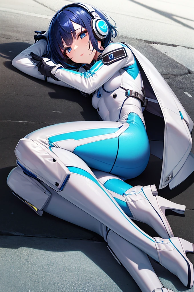 (masterpiece, highest quality, Highest Resolution, clear_image, Detailed explanation): (alone, Lonely Girl, The Face of Japan, Blue Hair Girl, short hair, Full body portrait, Small breasts, Sparkling blue eyes, Metallic white and blue pilot suit, Black, Tight fitting clothes, Clothing that covers the entire body, beauty, The body is slim, Exoskeleton, Knee Boots, heroine, Lying on your back, Open your thighs from side to side, Arm-length gloves, headset)