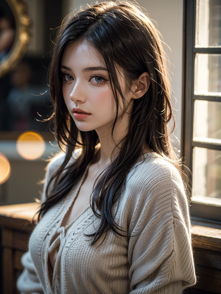 a beautiful young russian woman with long gray hair , Fashionable clothes, dazzling morning sun, best quality, 4k, 8k, highres, masterpiece:1.2, ultra-detailed, realistic, photorealistic, photo-realistic:1.37, HDR, UHD, studio lighting, ultra-fine painting, sharp focus, physically-based rendering, professional, vivid colors, bokeh, portrait