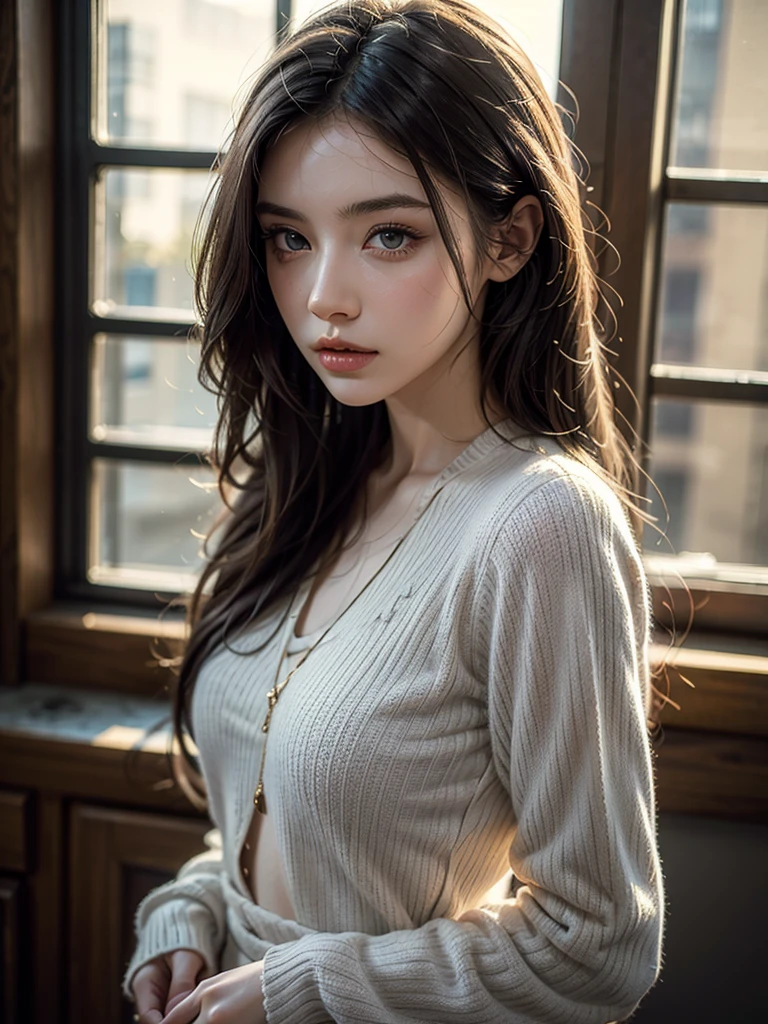 a beautiful young russian woman with long gray hair , Fashionable clothes, dazzling morning sun, best quality, 4k, 8k, highres, masterpiece:1.2, ultra-detailed, realistic, photorealistic, photo-realistic:1.37, HDR, UHD, studio lighting, ultra-fine painting, sharp focus, physically-based rendering, professional, vivid colors, bokeh, portrait