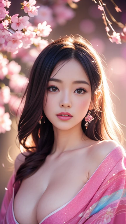 photography of beautiful woman naked, beautiful breasts in oversize pink kimono, colorful light and shadow, blurred motion, colorful, double exposure, colorful background, dreamy, fantasy, soft lighting, vibrant colors, medium long shot, portrait, surreal photography, glitter dust, cherry blossom flower bokeh light