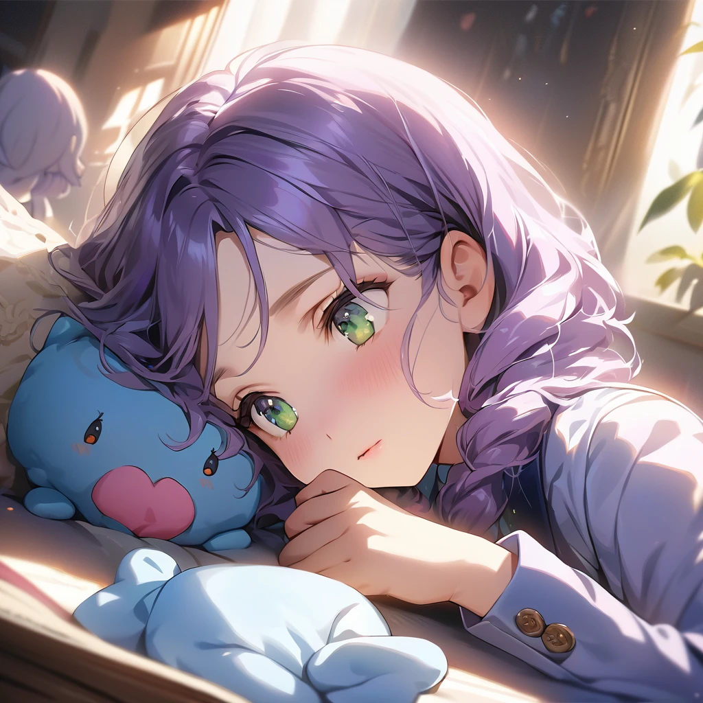 (Cute a girl:1.5), (masterpiece:1.3), anime visual,Women's navy blue business suit, blouse, blue-purple hair, braided, hair, green-eyed girl, (Lovey-dovey:1.5), (tilt head:1.3), extremely delicate face, soft clean focus, realistic lighting and shading, (an extremely delicate and beautiful art:1.3),she has a confused look on her face, a computer in her right hand and a girl's doll in her left hand, and a game console and books are lying at her feet,
