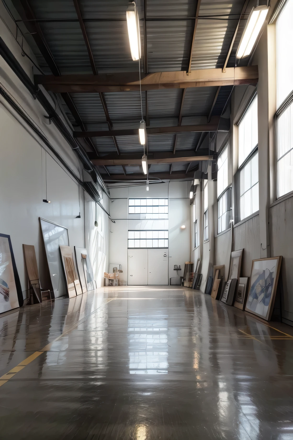 create an image of an artistic studio, large space like an industrial warehouse, paredes altas com cores brancas, sem janelas, mesa com materiais de pinturas, pessoas ao fundo admirando obras de arte, ambiente claro, abstract canvases exposed in space