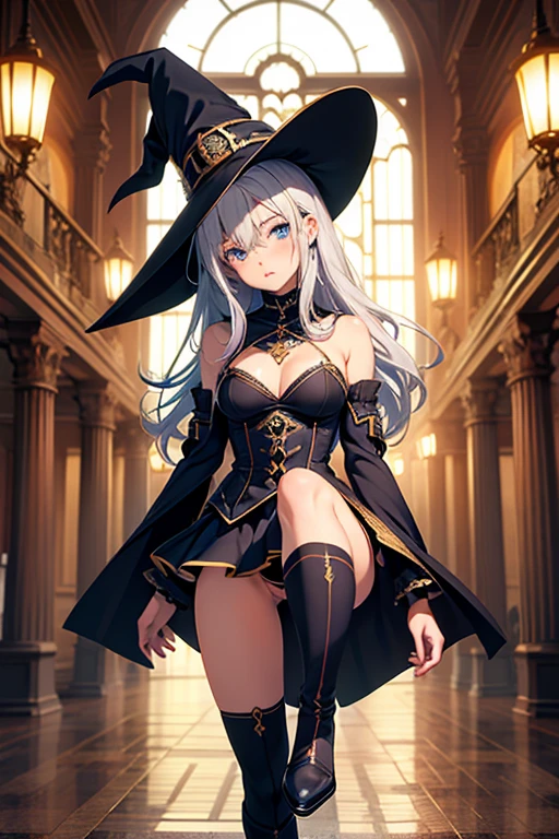 ((highest quality)), ((masterpiece)), (detailed), One girl, sexy,Silver Hair,blue eyes,Hair a little longer than shoulder length,Slanted Eyes,witch,Light clothing,Young girl,whole body,skirt,Knee-high boots,Bare Shoulder,character,Hentai manga,Medieval Fantasy,front,No background,Standing with your legs apart,Girl,Bangs up to above the eyes,The heel height is low,No hat,