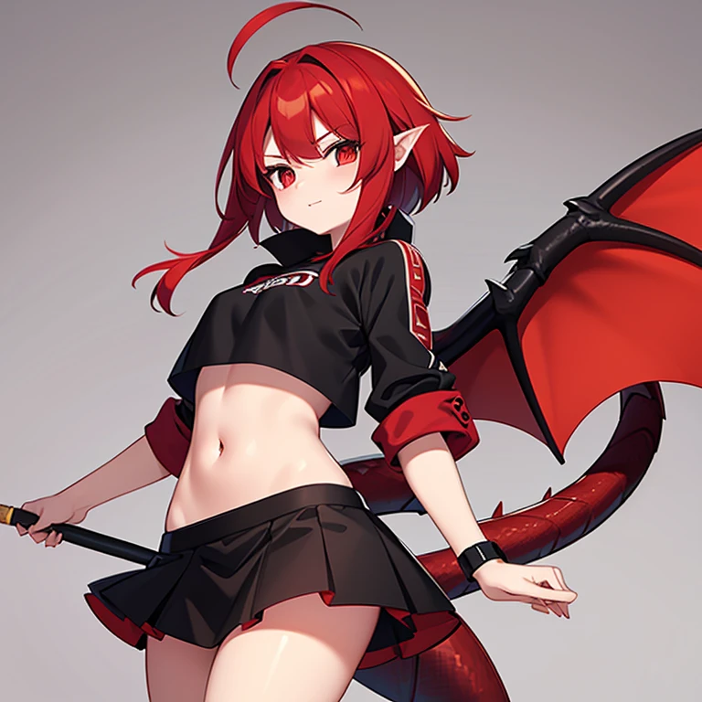 Red hair, ************, 1 girl, red and black dragon wings, red and black tail, skirt, crop top, scales, 