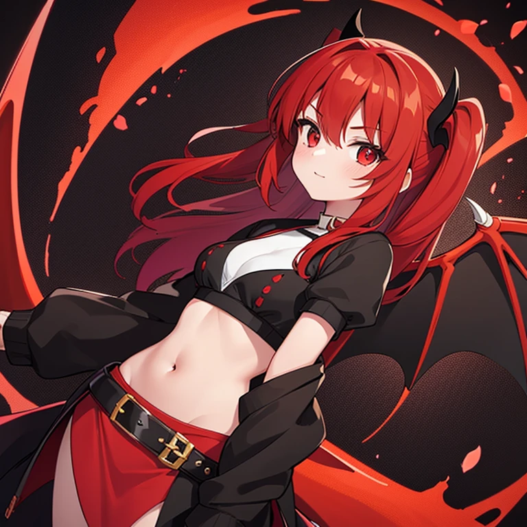 Red hair, ************, 1 girl, red and black dragon wings, red and black tail, skirt, crop top, scales, 