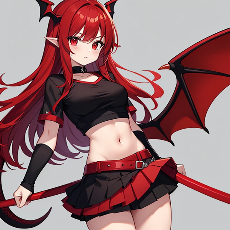 Red hair, ************, 1 girl, red and black dragon wings, red and black tail, skirt, crop top, scales, 