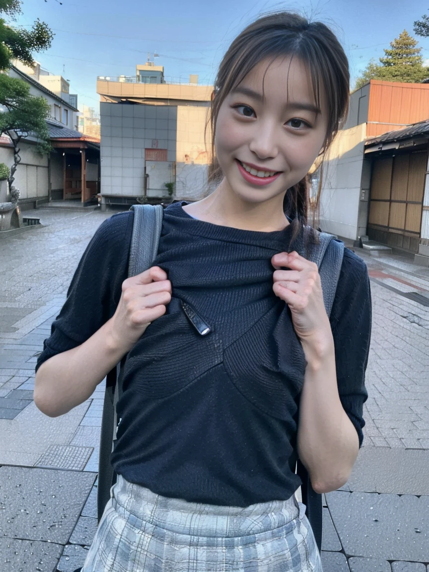 Lift your shirt、((Japanese 、Downtown Kyoto、walk、Upper Body、Light blue shirt、mini skirt、Knee-high socks、loafers、Black Backpack、Photograph the whole body))、(Realistic、Realistic、Very detailed、Highest Detail Skin、highest quality、masterpiece、超A high resolution)、Cute Japanese Woman、17 years old、One Girl、With bangs,slim,(((Small breasts))),(Nipples) ,Capturing the subjective mind, POV hands, Grab your chest, ((smile))、((I can see your chest)),((Looking into the camera)), (きれいで詳細でリアルなNipples),