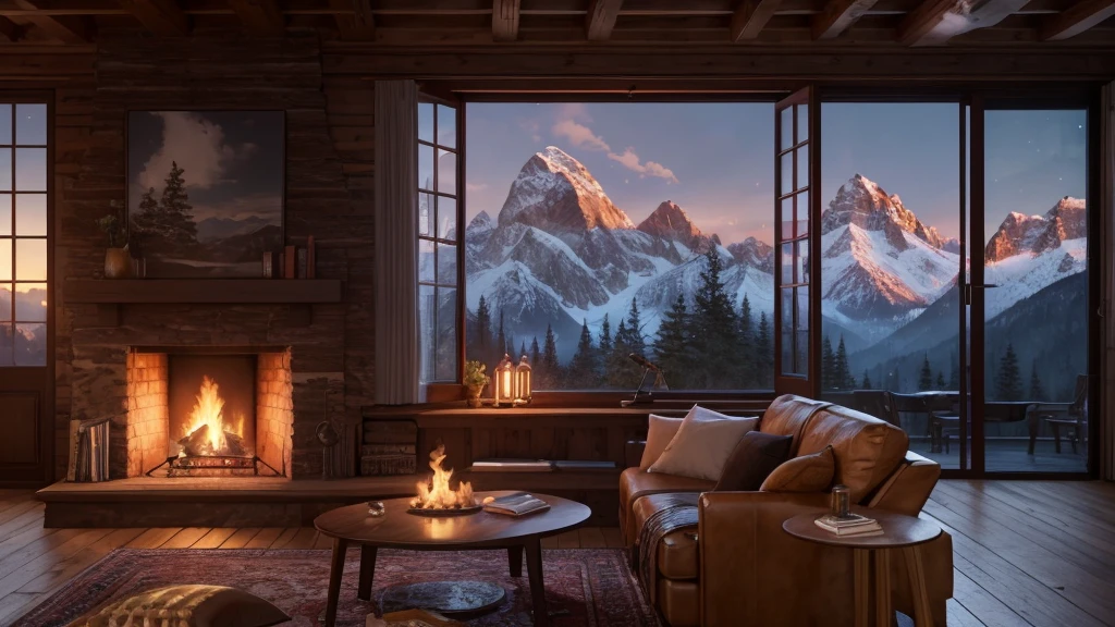 fireplace in a cozy living room with a view of the mountains, a hyperrealistic painting inspired by Evgeny Lushpin, polycount contest winner, digital art, unreal engine ; romantic theme, cozy and peaceful atmosphere, cozy place, cozy setting, cozy home background, cozy and calm, cozy atmospheric, cozy environment, warm beautiful scene, cozy atmosphere